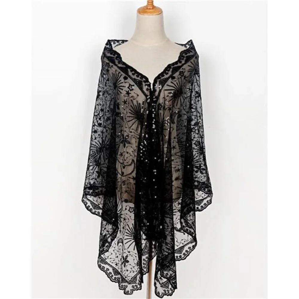 Boho Black Moon & Star‎ Sheer Mesh Sequin Embellished Shawl Wrap Scarf Formal